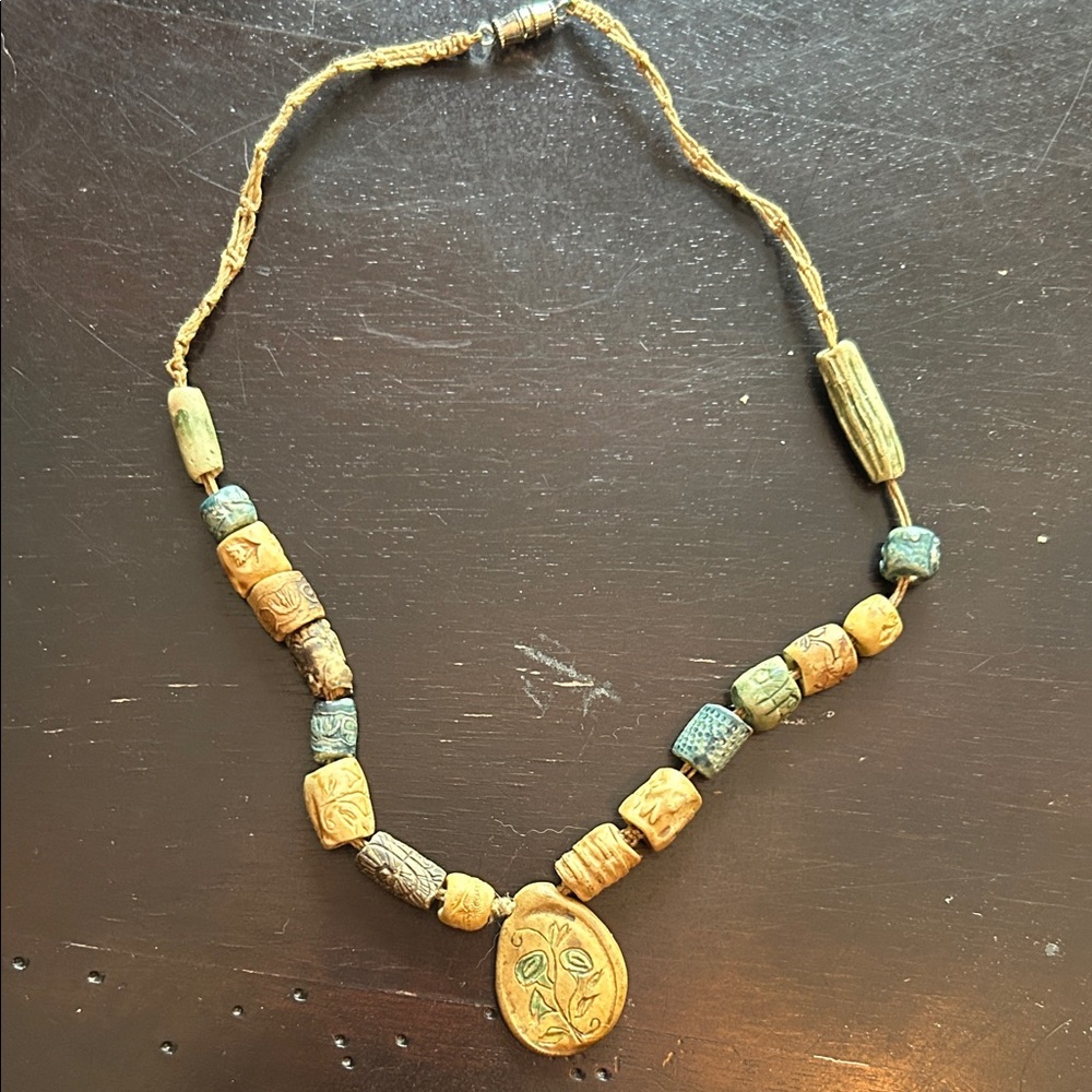 Vintage Tan and Green Ceramic Bead Pendant Necklace